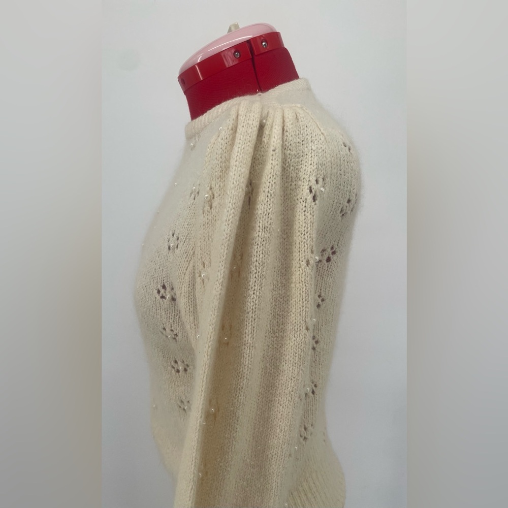 Vintage 80s Silk & Angora Cream Knit Sweater With Floral Cutouts & Pearl Centers - Picture 9 of 15